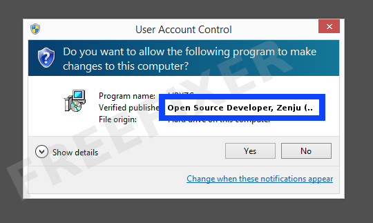 Screenshot where Open Source Developer, Zenju (Florian BAUER) appears as the verified publisher in the UAC dialog